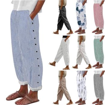 Women's Baggy Casual Pants Striped Print Summer Linen Pants Straight Wide Leg Button Up Comfort Trendy Cropped Pants Black