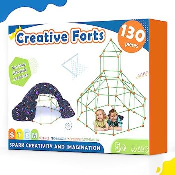 Kids-Fort-Building-Kit-130 Pieces-Creative Fort Toy for 5,6,7,8 Years Old Boy & Girls-STEM Building Toys DIY Castles Tunnels Play Tent Rocket Tower Indoor & Outdoor