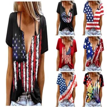 American Flag Button Tops for Women 2024 Summer Trendy Casual Independence Day Shirt V Neck Short Sleeve Blouses