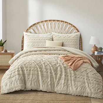 Beige Queen Comforter Set Tufted Bedding Set Queen 3 Pieces
