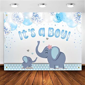 Elephant Baby Shower Backdrop Banner Blue Gray Baby Shower Decorations for Boy