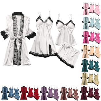 Vestido De Corsé Para Mujer Summer 2024 Womens 4PCS Silk Pajama Set Sexy Matching Satin Night Gowns Lingerie Silky Sleepwear Soft Satin Loungewear Pjs Set A1-White Large