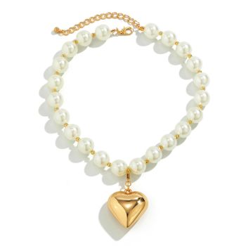 Heart Necklaces for Women Gold Chunky Heart Necklace Pearl Beads Choker Necklaces Y2k Necklace Trendy Jewelry Accessories Gifts (Pearl-Gold)