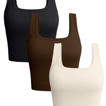 Women's 3 Piece Tank Tops Ribbed Seamless Workout Exercise Shirts Yoga Crop Tops Black Coffee Beige