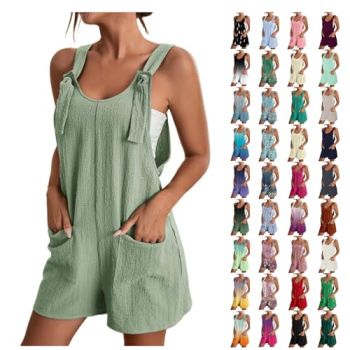 Short Rompers For Women 2024 Sleeveless Scoop Neck Tie Front Jumpsuits Summer Wide Leg Printed Overall