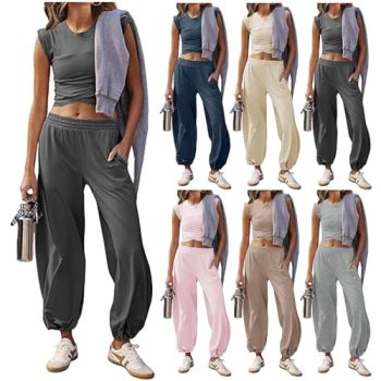 Two Pieces Workout Set For Women Casual Y2K Cap Sleeve Pleated Cropped Tops And Cinch Bottom Sweatpants Tracksuits