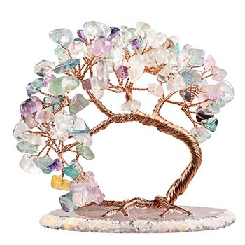 Natural Fluorite Crystal Money Tree Agate Slice Base Feng Shui Bonsai Crystal Tree for Wealth Luck Desk Decor