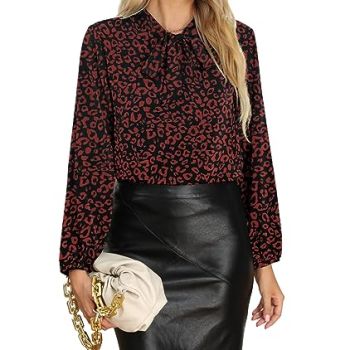 Casual Tops for Women Bow Tie Neck Floral Chiffon Shirt Long Sleeve Blouse Tops(Black Red Leopard,Large)