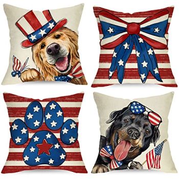 4th of July USA Patriotic Dogs Decorative Throw Pillow Covers 18 x 18 Set of 4