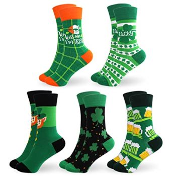 5 Pairs of St.Patrick's Day Women Crew Cotton Socks Green Shamrocks Lucky Irish Mid-calf Length Stockings Festive Gift For Ladies And Teen