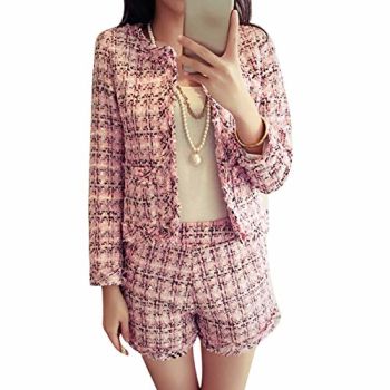 Women's 2 Pieces Tweed Outfits Set Fringed Trim Blazer Jacket Coat + Tassels Short Suit Pink