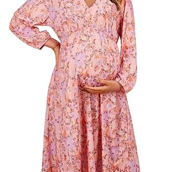 Womens 2023 Fall Long Sleeve Maternity Dress for Baby Shower Photoshoot V Neck High Waist Midi Dress