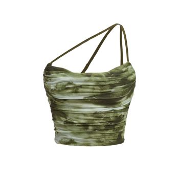 Women's Tie Dye Spaghetti Strap Cut Out One Shoulder Ruched Crop Cami Top Olive Green XS