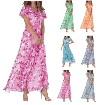 Women's Dresses Swing Long Dress Chiffon Floral Short Sleeve Ruffle V Neck Fashion Waist Flowy Dress Dresses
