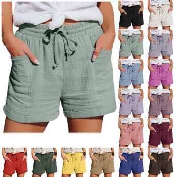 prime deals today clearance unclaimed packages for sale Linen Shorts for Women Casual Summer Drawstring Elastic High Waisted Short Comfy Cotton Bermuda Shorts