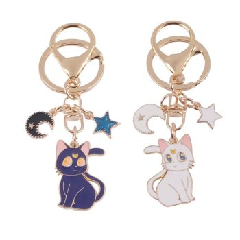 2 Pack Couples Keychain Enamel Moon Cat Pendant Charm Gold Key Ring Women Cute Purse Charms