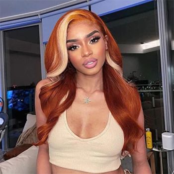 Skunk Stripe Wig Ginger Lace Front Wigs Human Hair With Blonde Color 13x4 Body Wave Skunk Stripe Wig Human Hair Lace Front Wigs For Black Women Orange Ginger Color With 613 Blonde Highlights 20 Inch