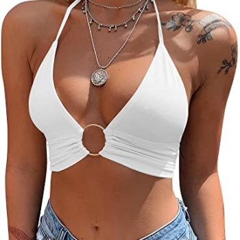 Women's Sexy Summer Sleeveless Halter Deep V Neck Crop Top Tie Up Backless Cami,White,X-Small