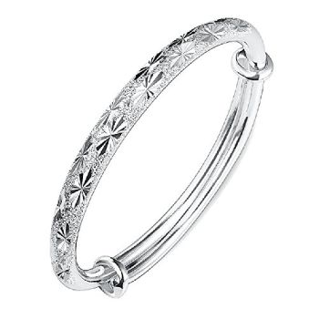 Shinning Sterling Silver Bangle Bracelets for Women Cuff Bracelets,Fashion Jewelry Simple Adjustable Handmade Bracelets With Symbolic Engravings