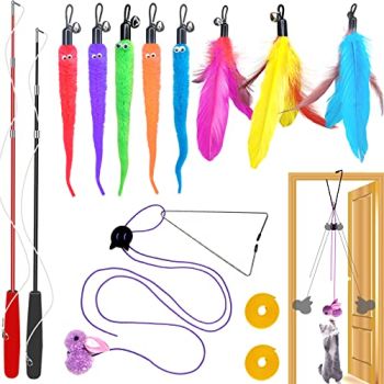 Cat Toys Interactive for Indoor Cats,2PCS Retractable Cat Wand Toys,9PCS Teaser Toys&1PCS Hanging Door Lure Cat Toy,Interactive Feather Toy for Teaser Play and Chase Exercise