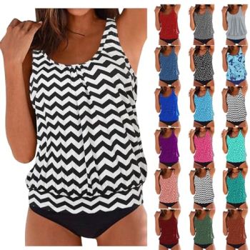 2 Piece Tankini Swimsuits for Women 2024 Blouson Crewneck Tops and Shorts Modest Bathing Suits Loose Fit Swimwears D-Black