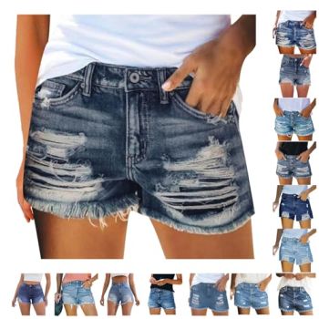 Jeans Shorts for Women Trendy Mid Rise Ripped Denim Shorts Summer Stretch Distressed Frayed Raw Hem Hot Short Jeans