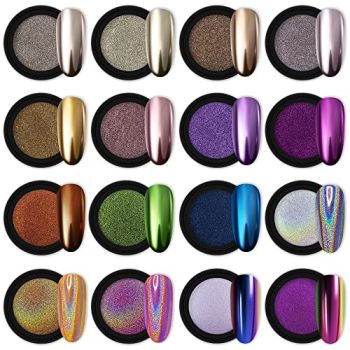 16 Jars Chrome Nail Powder Nail Art Glitter Decoration Metallic Mirror Effect Holographic Aurora Chameleon Pigment Powder 1g/Jar Pearl for Resin Craft & Nail Art