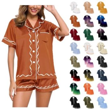 Pajama Sets For Women 2 Piece Shorts Sleeve Satin Button Down Shirts Elastic Waist Shorts Causal Soft Loungewear