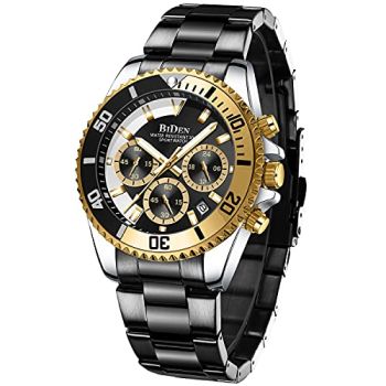 Mens Watches Chronograph Black Gold Stainless Steel Waterproof Date Analog Quartz Watch Business Casual Fashion Wrist Watches for Men