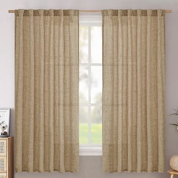 Brown Faux Linen Curtains 63 Inch Length 2 Panels Set for Bedroom
