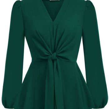 Dark Green Peplum Tops for Women V Neck Tie Front Work Shirts Tops Dressy M