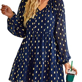 Women's 2024 Spring Summer Long Sleeve V Neck Ruffle Polka Dot Mini Dress Casual Loose Tiered Swing Tunic Dresses(Navy