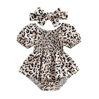 Infant Baby Girls Romper Dress Dot Pattern Short Sleeve Ruched Jumpsuits Skirts Hem Bodysuits Headband (Leopard