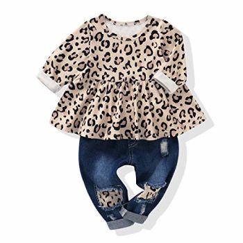 Baby 6 Months Girls Clothes Infant Girl Outfit 12 Months Fall Winter Leopard Shirt Tops Denim Ripped Jeans Long Pant Infant Clothing Set