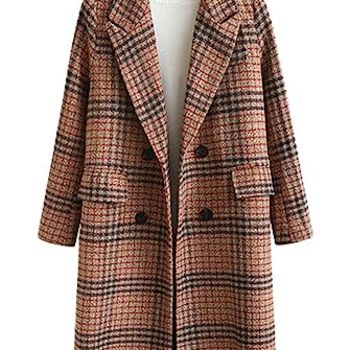 Women's Winter Oversize Lapel Collar Woolen Plaid Double Breasted Long Peacoat Jacket (Medium