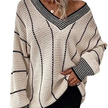 Womens Oversized Long Sleeve Sweaters Winter Trendy V Neck Striped Sweater Fashion Long White Sweaters for Women Large