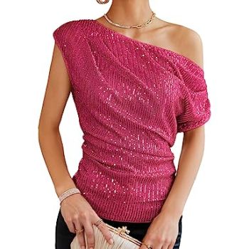 Ruched Off Shoulder Party Tops for Women 2024 Dressy Slimming Short Sleeve Asymmetrical Neck Sequin Top Shirt Sparkle Vegas Outfits Rose Red L