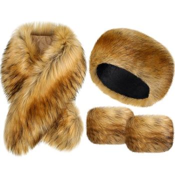 3 Piece Faux Fur Collar Wrist Cuffs Headband