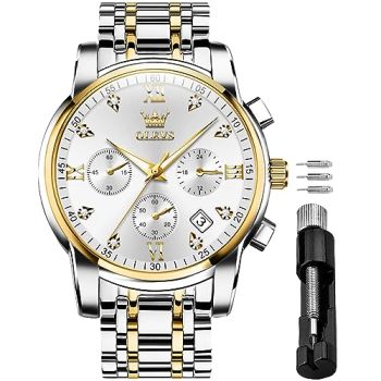 Men’s Waterproof Analog Quartz Business Nice Watch Silver Stainless Steel Chronograph Luminous Date Business Luxury Dress Diamond White Face Wrist Watch