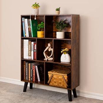 Cube Bookshelf 3 Tier Mid-Century Rustic Brown Modern Bookcase