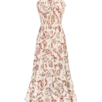Women's Summer Square Neck Floral Dress Spring Boho Smocked Midi Dress Layer Ruffles Sun Long Dress Beige L