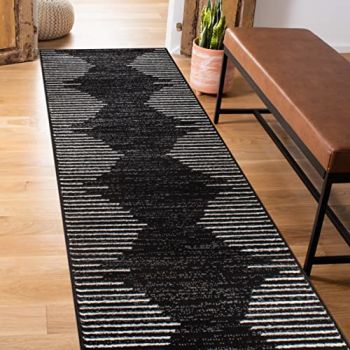Bohemian Stripe Stain Resistant High Traffic Living Room Kitchen Bedroom Dining Home Office Runner Rug 2'x7' Black