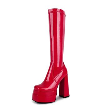 Platform Knee High Boots Women Red Platform Boots for Women Red Gogo Boots Women's Knee-high Boots Chunky Boots for Women Long Boots 70s Boots Tall Boots Patent Leather Square Toe Boots