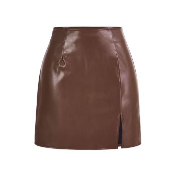 Women's High Waisted Split Hem Short PU Leather Skirt Chocolate Brown M