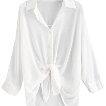 Women's Long Sleeve Beach Shirt Blouses Bathing Suit Cover Up Button Down Collar (2-White