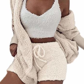 Womens Sexy Fuzzy Warm Sherpa Fleece 3 Piece Outfit Fleece Coat Jacket Outwear and Spaghetti Strap Crop Top Shorts Set (white