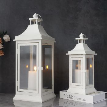 Set of 2 19.5''&13''Tall Outdoor Candle Lanterns Vintage Hanging Tower Lantern Metal Candle Holder for Garden Living Room Indoor Outdoor Parties Weddings Balcony(White)