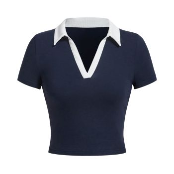 Women's Color Clock Preppy Collared Neck Crop Tops Preppy Style V Neck Slim Fit Crop Tee Basic Tops Navy Blue M