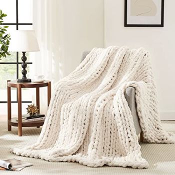 Chunky Knit Blanket Throw,Soft Chenille Yarn Throw 50x60,Handmade Thick Cable Knit Crochet Blanket
