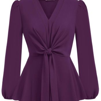 Purple Peplum Tops for Women V Neck Tie Front Work Shirts Tops Dressy M